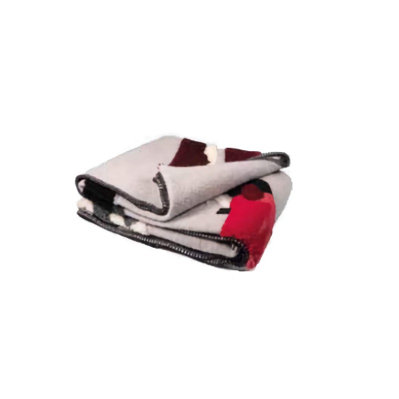 Coperta in lana cotta 150 x 200 cm decorata con sciatore in paesaggio montano su fondo grigio perla, fatta in Italia con lana italiana ecosostenibile